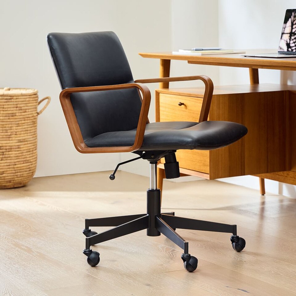 Cooper Leather Swivel Office Chair w/ Wood Arms West Elm UK
